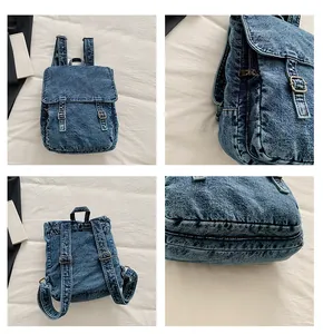Vista detallada de la mochila de mezclilla lavada con hebillas y costuras reforzadas