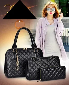 Three-piece black quilted faux leather bag set including tote bag, chain bag, and wallet