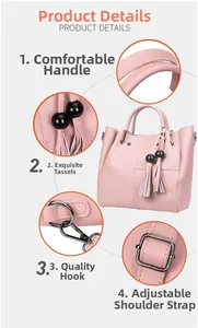 Detailopname van de roze bucket bag met zachte handvatten en kwastjes-accessoire