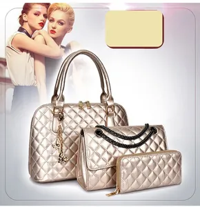 Three-piece champagne gold quilted bag set with handbag, shoulder bag, and long wallet