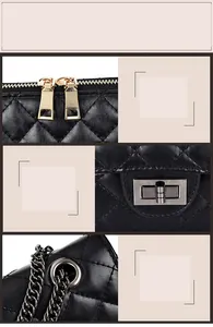Detailed view of black quilted leather handbag with gold zippers and metal chain strap