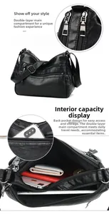 Detail view of double-layer main pocket and back anti-theft zipper on black leather bag