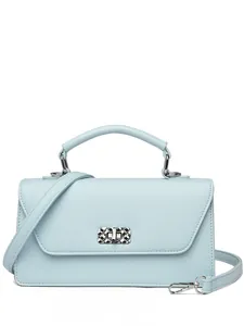 Minimalist light blue baguette bag with silver twist lock and adjustable shoulder strap