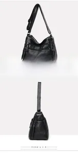 Detailed views of a black washed leather shoulder bag with multiple functional zippers