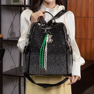Sac à Dos Mode en Velours Côtelé pour Femmes Grande Capacité Strass Brillants Sac d'École Noir Avec Pendentif Ours