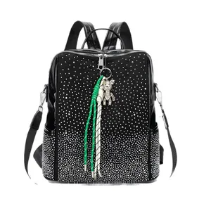 Sac à dos noir de grande capacité avec strass brillants et porte-clé ours