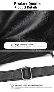 Detailed view of black lychee grain leather texture and adjustable metal strap buckle