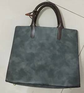 Three-piece dark grey vintage tote bag set with brown handles and large capacity