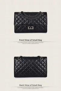 Front and back detail of black quilted chain crossbody bag with metallic turn-lock closure