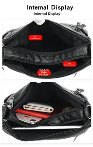Detailed interior of black PU leather crossbody bag with multiple zip compartments and pockets