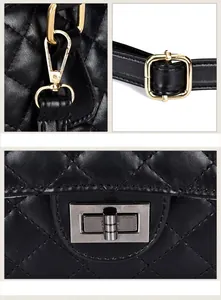 Detailed view of black quilted faux leather with golden hardware and gunmetal turn-lock
