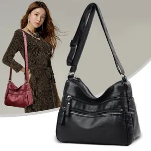 Women's large capacity crossbody shoulder bag in premium black and wine red soft PU leather