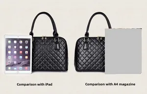 Black quilted handbag size comparison with iPad and A4 magazine for reference