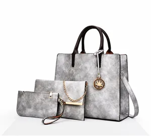 Ensemble 3 sacs en cuir PU gris motif marbre avec cabas, sac chaîne et pochette