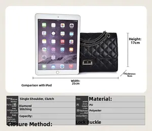 Size comparison of a quilted black crossbody bag with metal chain and spec sheet