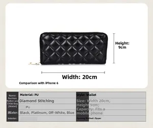 Detailed view of black quilted PU leather long wallet with zipper and 20cm width info