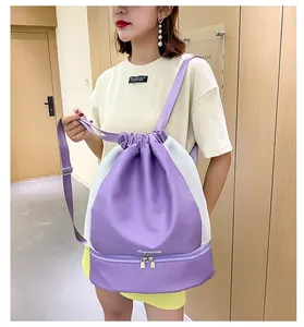 Detail of purple gym backpack with mesh ventilation and bottom shoe compartment
