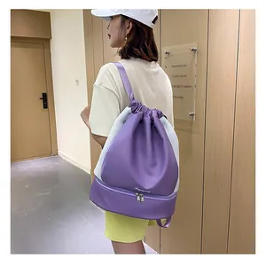 Macro view of purple fitness backpack featuring breathable mesh and dry-wet separation pocket