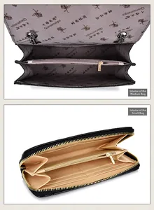 Detailed interior view of quilted shoulder bag and matching wallet with multiple card slots
