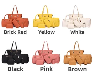 Overview of six-piece women's handbag set in brick red, yellow, white, black, pink and brown