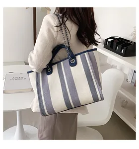 Vertical blue and white striped tote bag with leather handles and chain shoulder strap