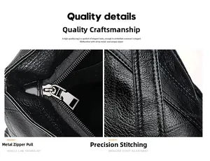 Detail of silver zipper and reinforced stitching on black soft leather handbag