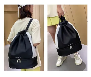 Detail of drawstring fitness bag featuring dry-wet separation and bottom shoe compartment