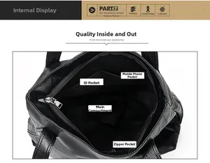 Detailed interior of large black soft leather handbag showing multiple organized compartments