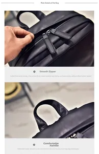 Detail view of smooth double zippers and reinforced top handle on black leather backpack