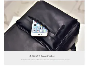 Detailed view of a front zipper pocket on a black PU backpack with a white smartphone