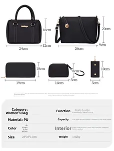 Size chart showing six-piece PU handbag set dimensions for tote, shoulder and clutch bags