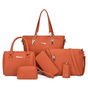 6-piece minimalist burnt orange tote and handbag set in premium lychee pattern PU leather