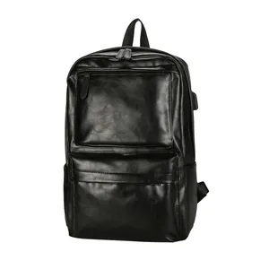 Classic black PU leather backpack for men with USB charging port and multi-layer storage