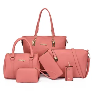Pink 6-piece women's handbag set featuring tote, crossbody and purse in premium PU leather