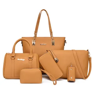 6-piece women's luxury tote bag set in camel PU leather with crossbody bags and wallet