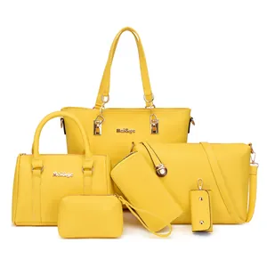 6-piece yellow faux leather tote handbag set with gold hardware and chain detail