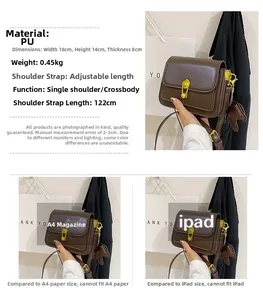 Brown PU leather square crossbody bag size comparison with A4 paper and iPad mini