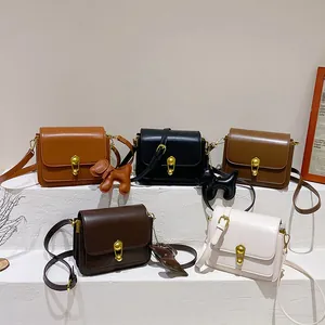 Vintage PU Leather Small Square Crossbody Bag For Women With Gold Safety Pin Lock And Dog Pendant Casual Shoulder Bag