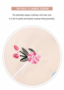 Detailed close-up of floral embroidery with pink silk threads on beige canvas backpack