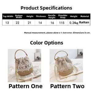 Size chart and dimensions for the straw bucket bag showing measurements and materials
