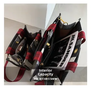 Internal capacity detail of plaid canvas tote bags showing zipper pockets and sizes