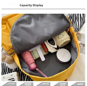 Detail showing high-capacity interior of yellow canvas backpack with daily essentials