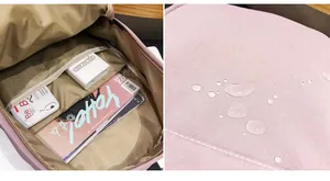 Detalle de mochila rosa con interior compartimentado y superficie de tela impermeable