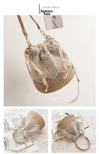 Detailed shot of straw bucket bag featuring white lace crochet and drawstring closure