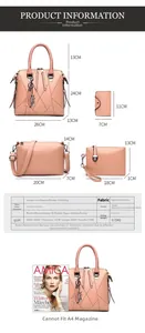 Pink synthetic leather 4-piece handbag set with detailed dimensions and layout