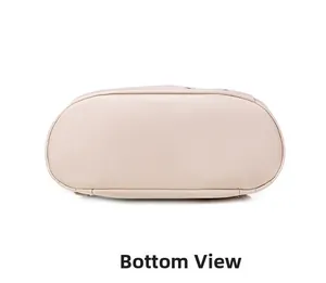 Detail view of the wide oval bottom base on a light pink embroidered backpack