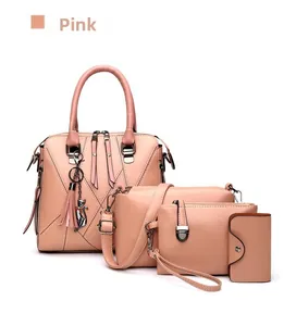 Pink PU leather 4-piece handbag set with cat pendant and elegant tassel detail