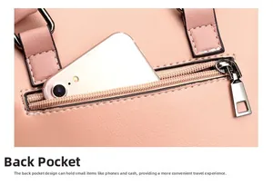 Detail of pink faux leather bag showing functional back zipper pocket with a smartphone inside