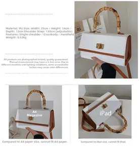 Détail du petit sac carré montrant la poignée en bambou et le motif crocodile