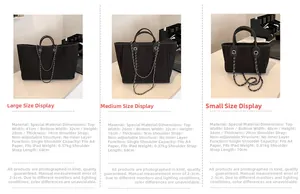 Guía de tallas detallada para bolsos tote grandes, medianos y pequeños con medidas y pesos
